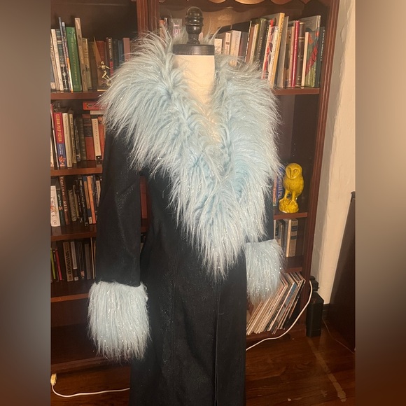 Vintage Faux Fake Fur Blue Denim Long Duster Coat 90s Y2K - Picture 7 of 13